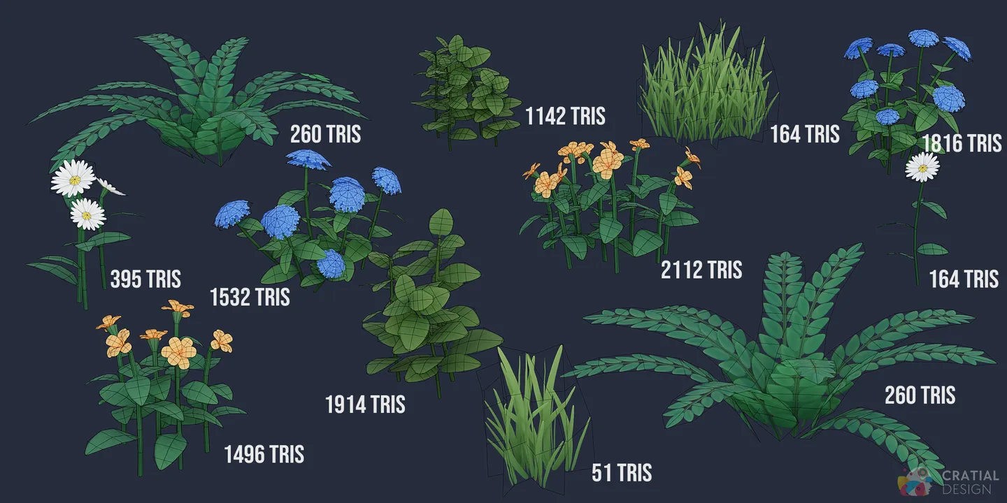 Stylized ferns, shrubs, grass, and flowers shown with triangle counts beside each model.