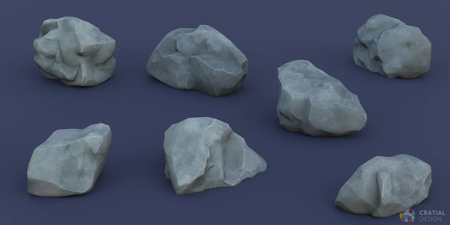 Seven stylized gray-blue rocks with varied sizes and angular silhouettes.