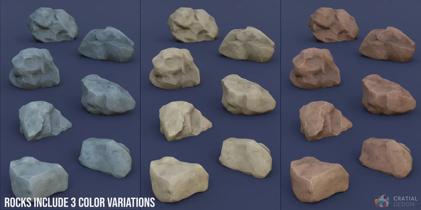 Seven stylized rocks shown in gray-blue, tan, and warm brown color variations.