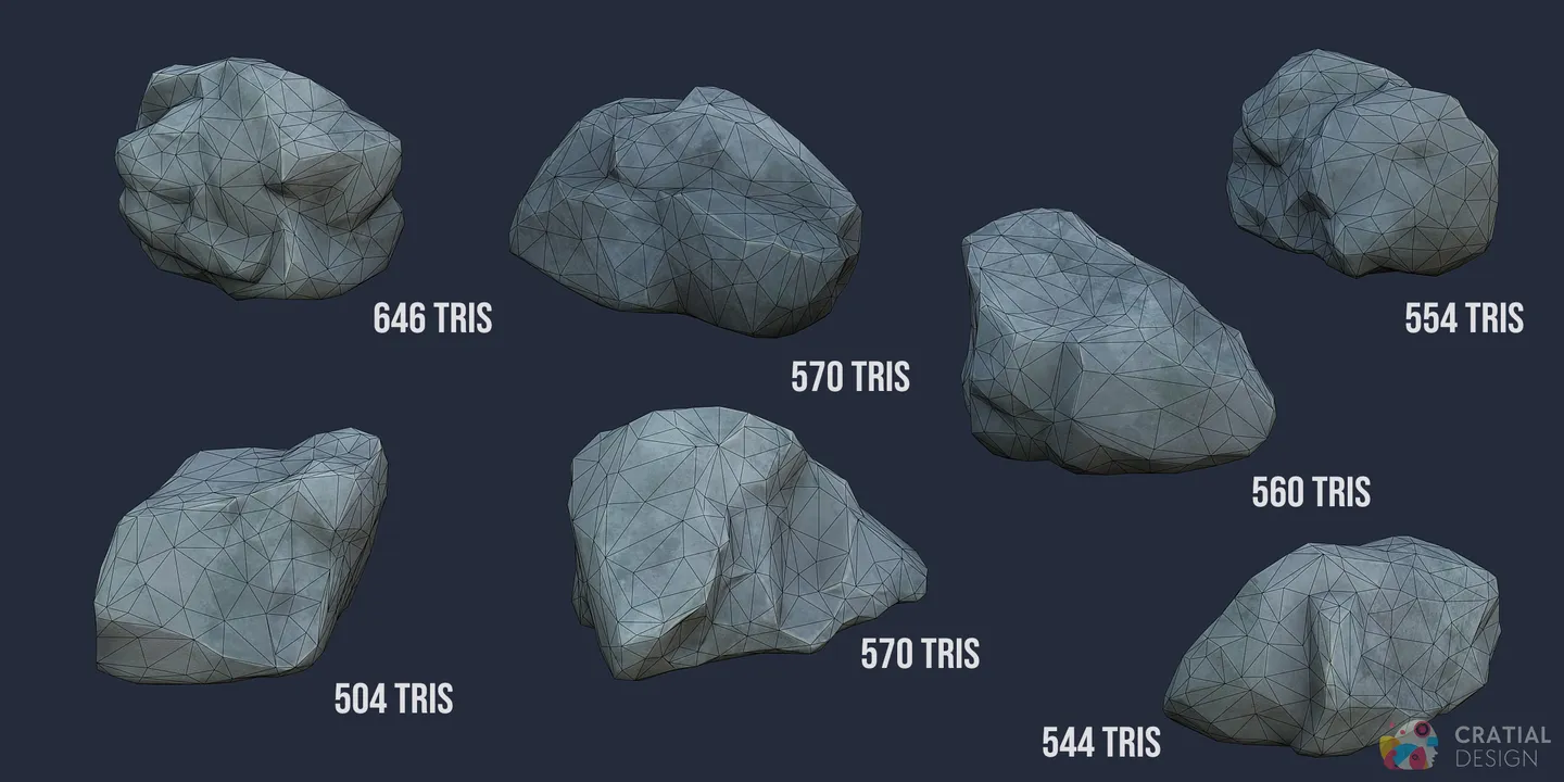 Seven stylized rock models shown with wireframe topology and triangle counts.