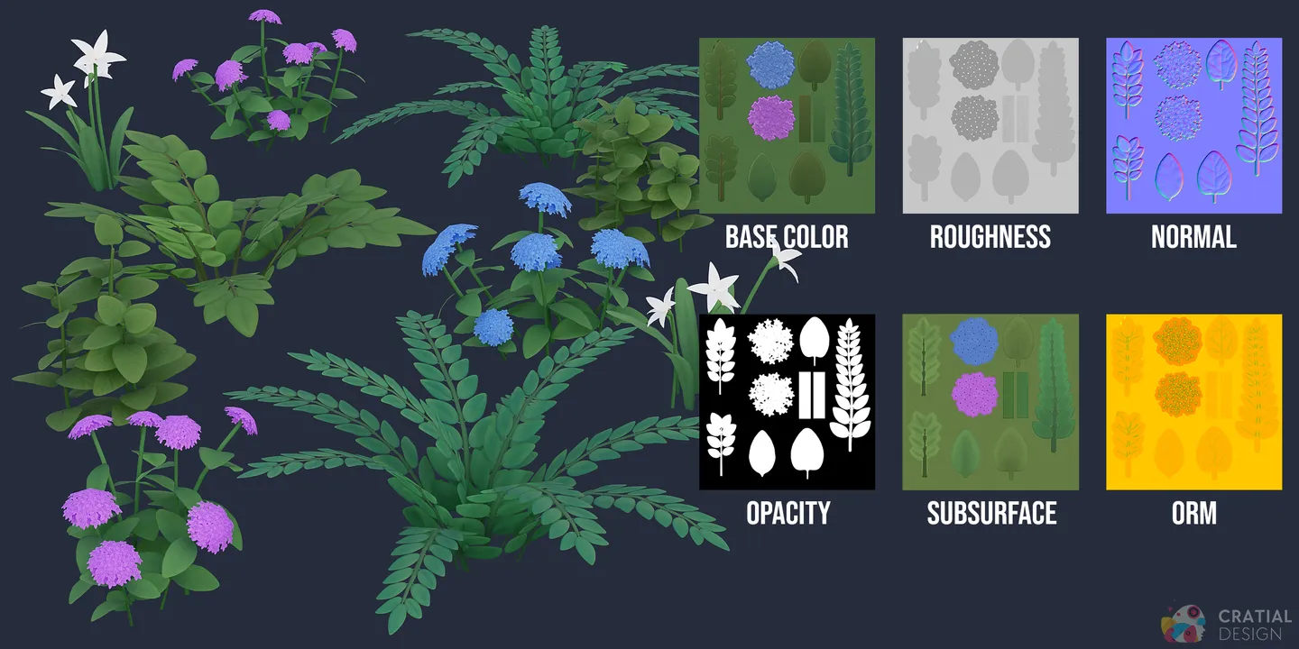 Stylized forest shrubs shown beside base color, roughness, normal, opacity, subsurface, and ORM texture maps.