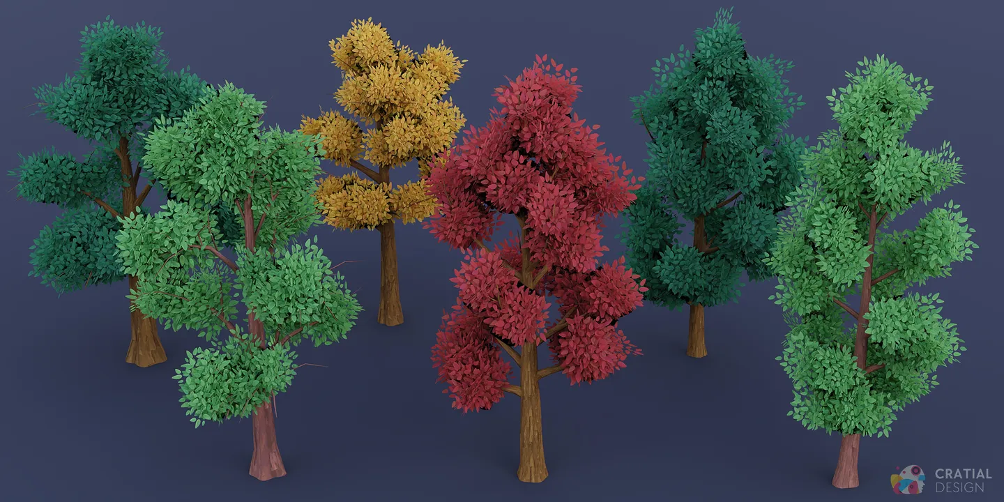 Six stylized forest tree models with different trunks, branching patterns, and rounded canopies.