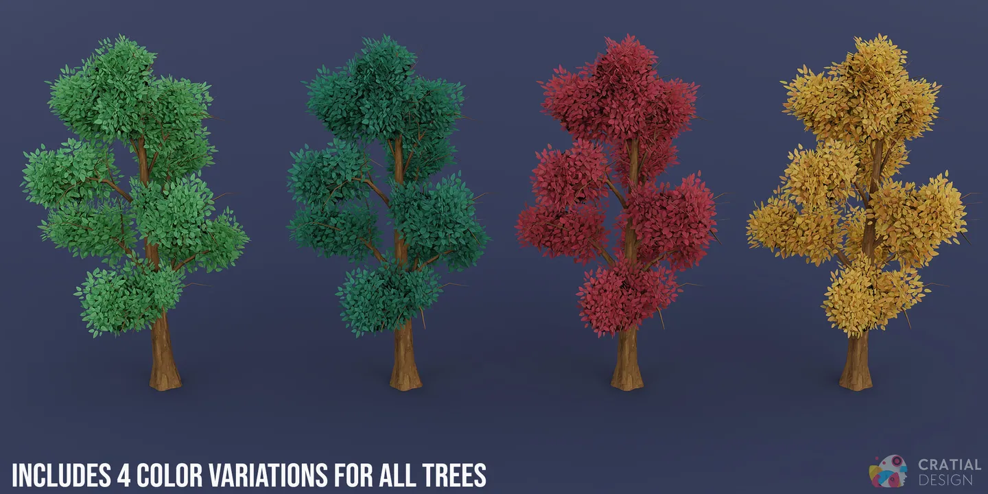Four stylized forest trees shown with green, blue-green, red, and golden leaf colors.
