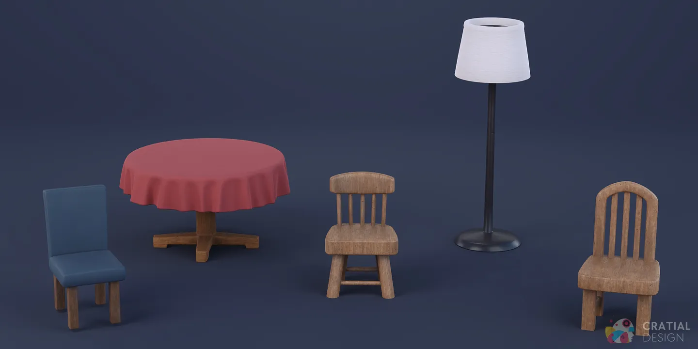 Additional stylized chairs, tables, shelving, and lamps for home interiors.
