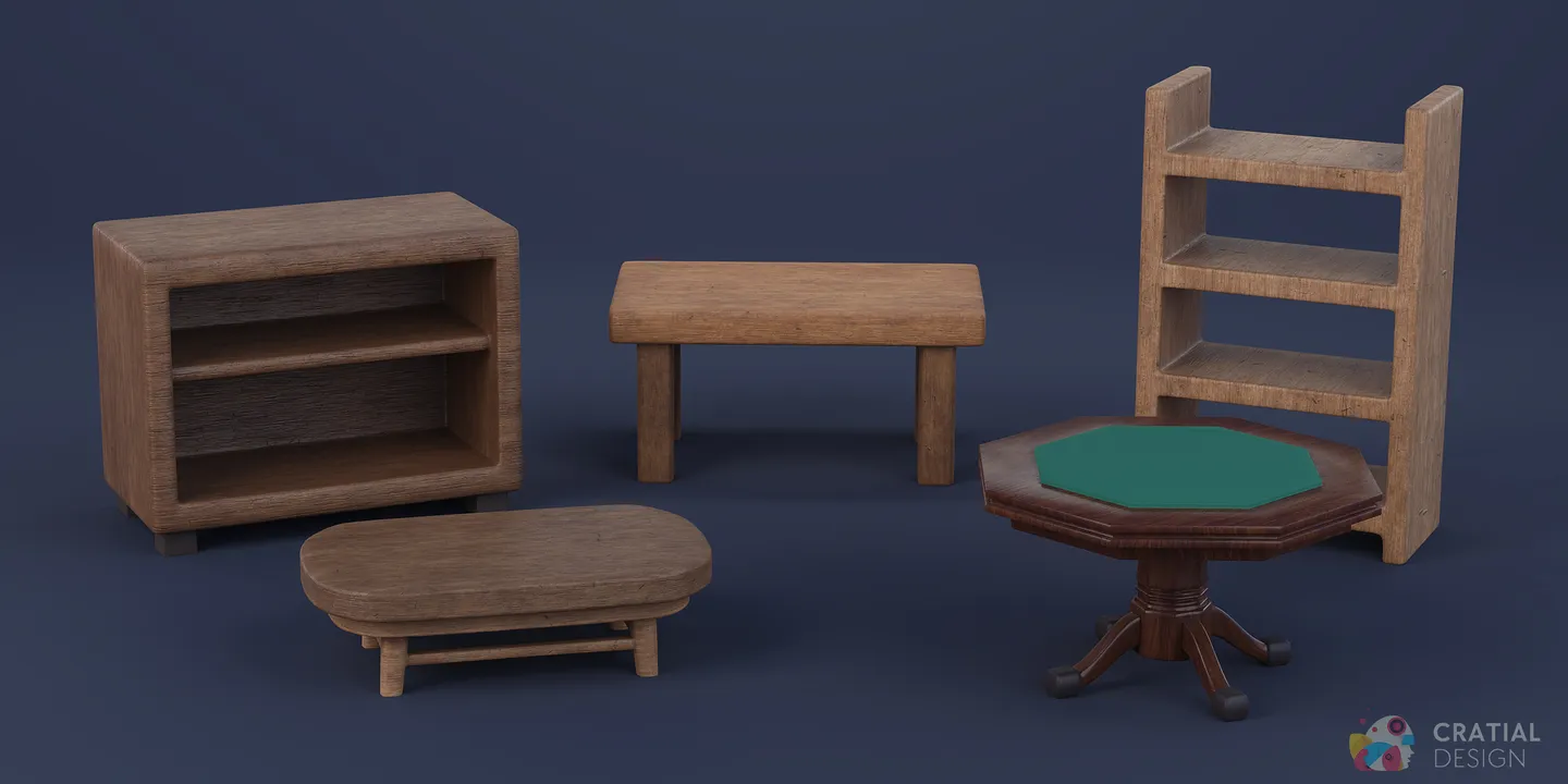 Stylized living-room and dining furniture arranged against a dark blue background.