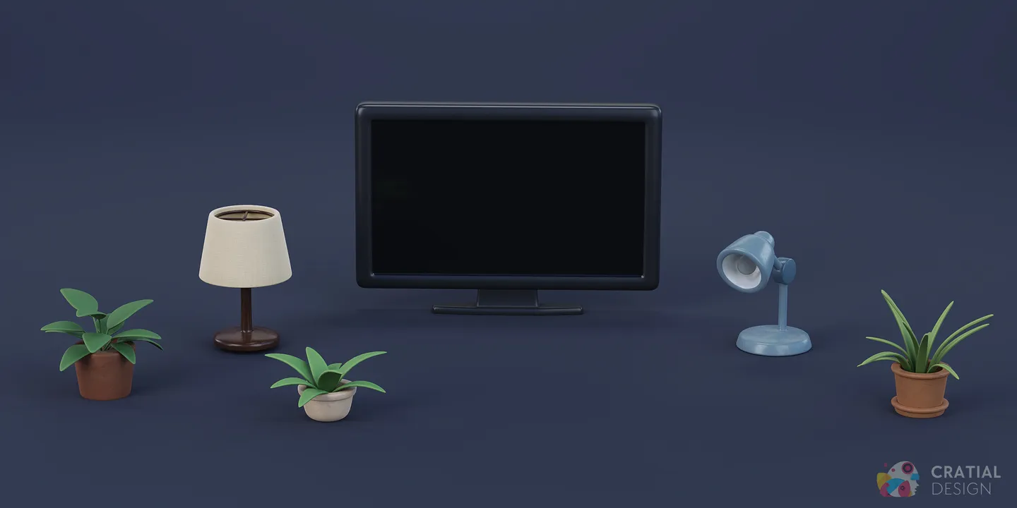 Stylized lamps, plants, media equipment, and smaller home props.