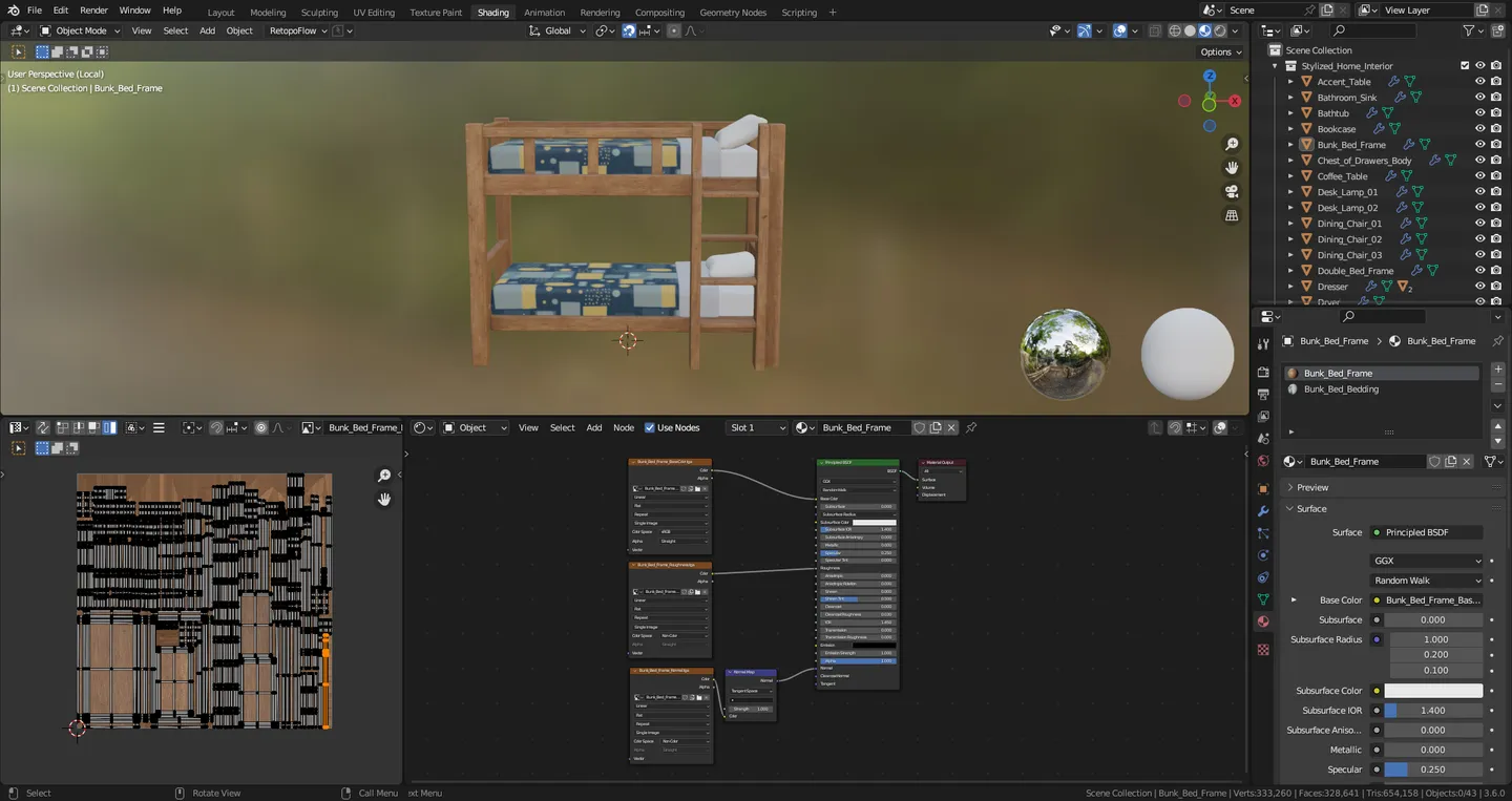 Blender interface showing the complete Stylized Home Interior Kit scene.