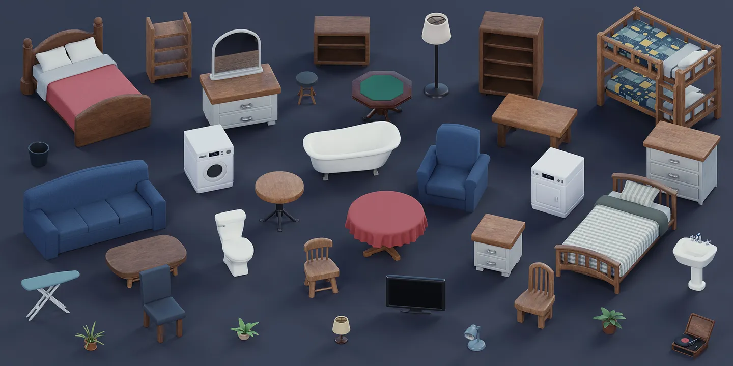 Complete collection of stylized beds, seating, tables, storage, lamps, appliances, bathroom fixtures, plants, and home decor.
