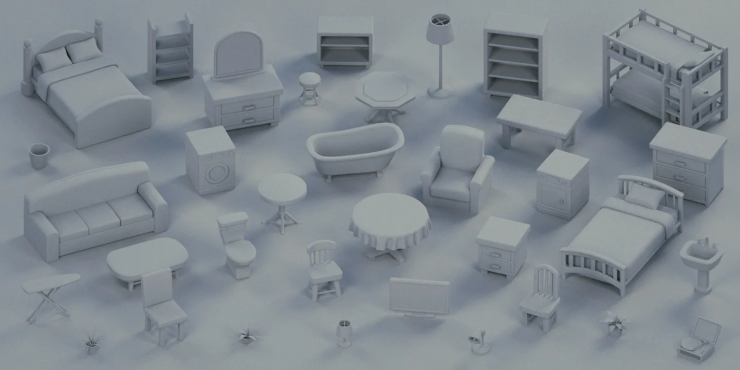 Complete collection of stylized home interior assets shown as untextured clay models.