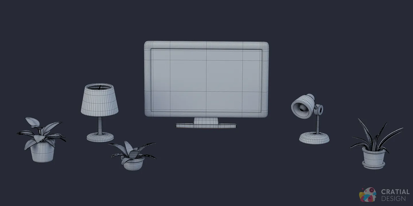 Selection of stylized home interior props shown with wireframe topology overlays.