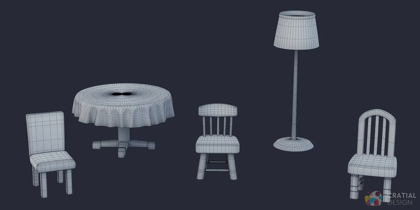 Stylized furniture models shown with wireframe topology overlays.