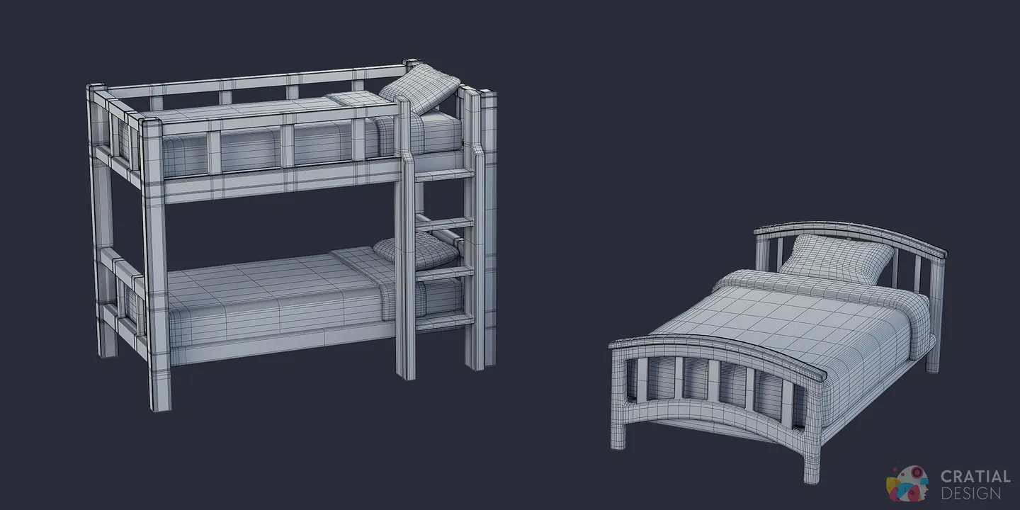 Stylized appliances and home decor shown with wireframe topology overlays.