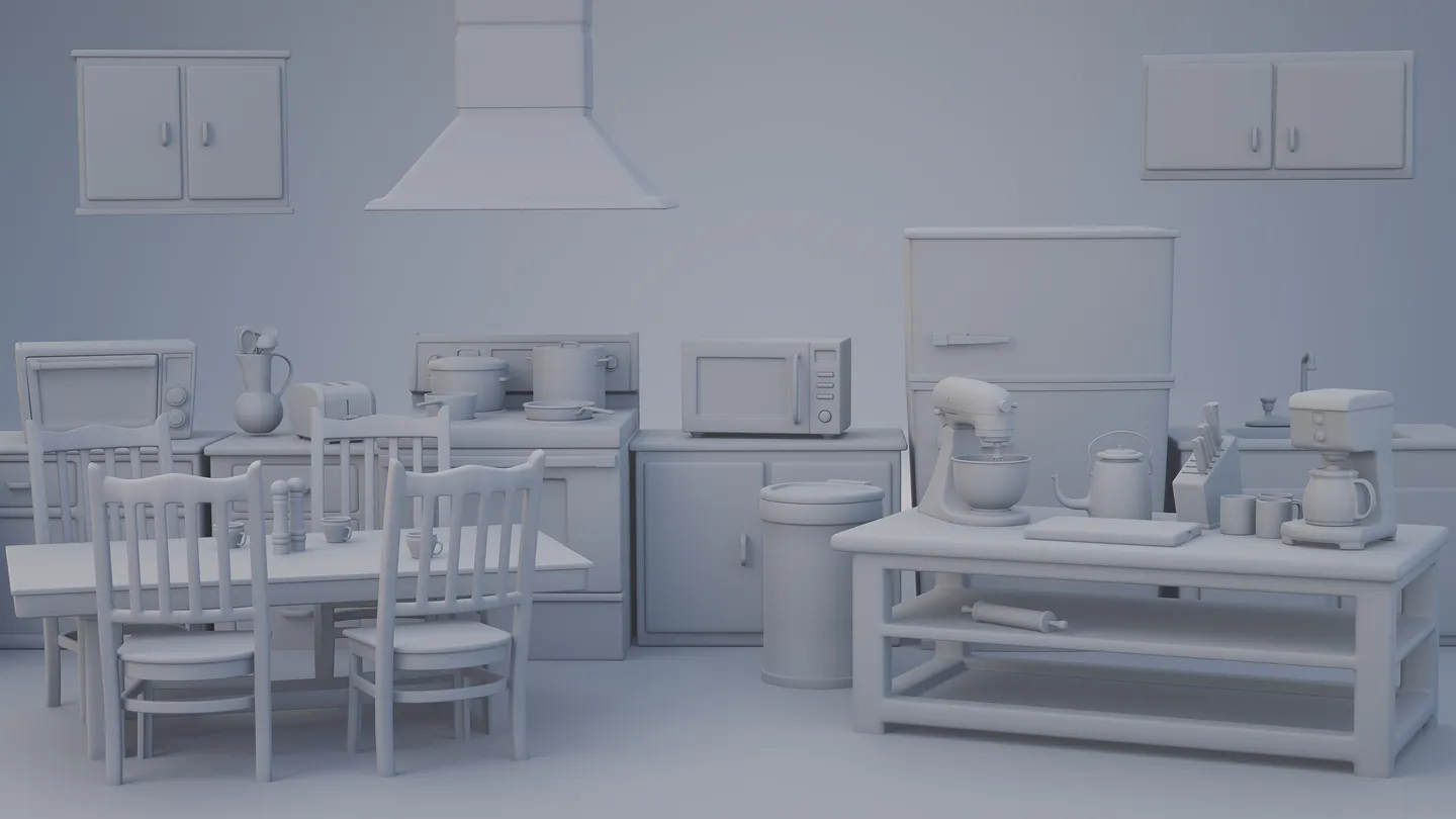 Clay overview of the complete stylized kitchen scene and included models.