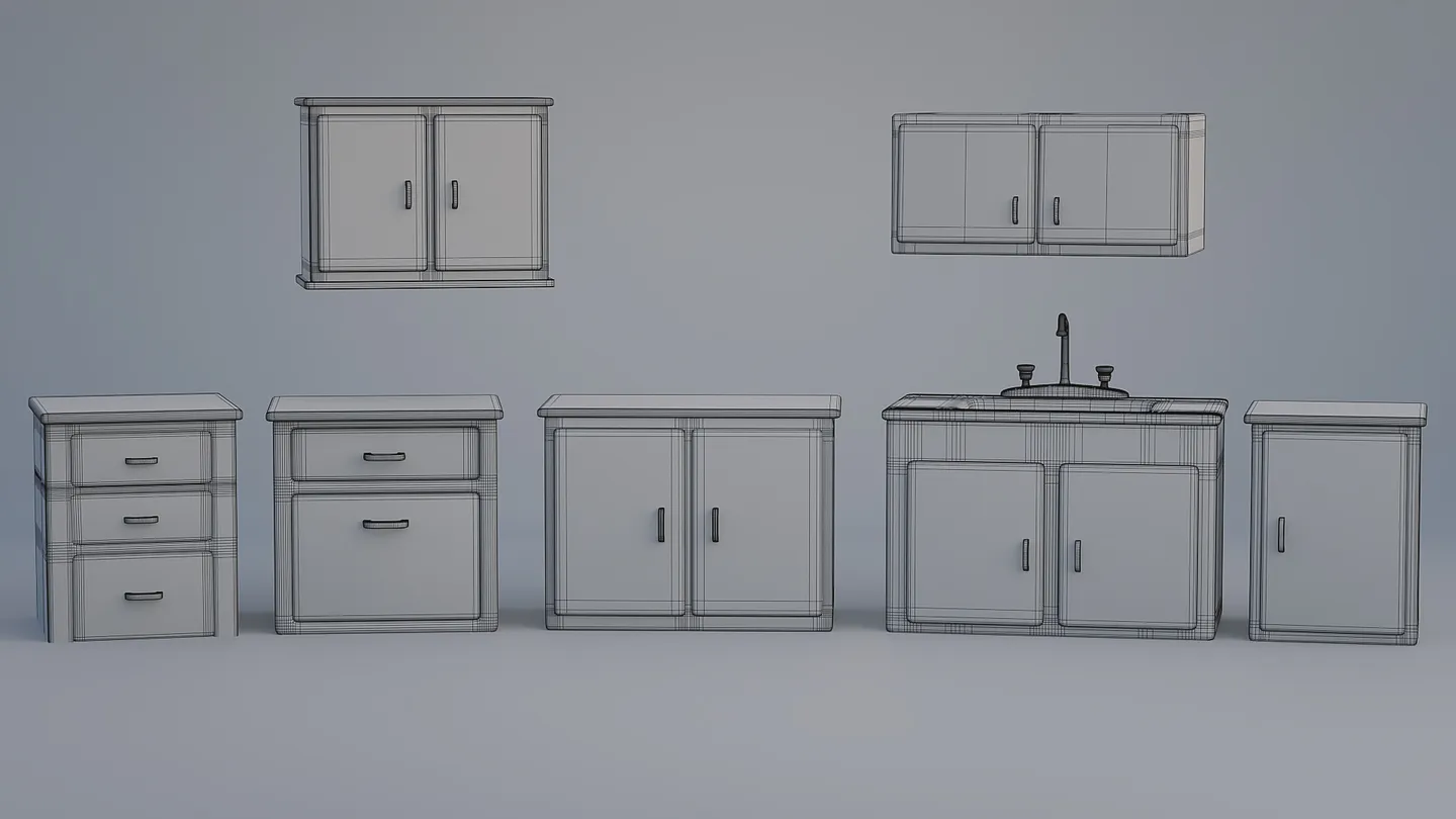 Stylized kitchen cupboards shown with wireframe topology.