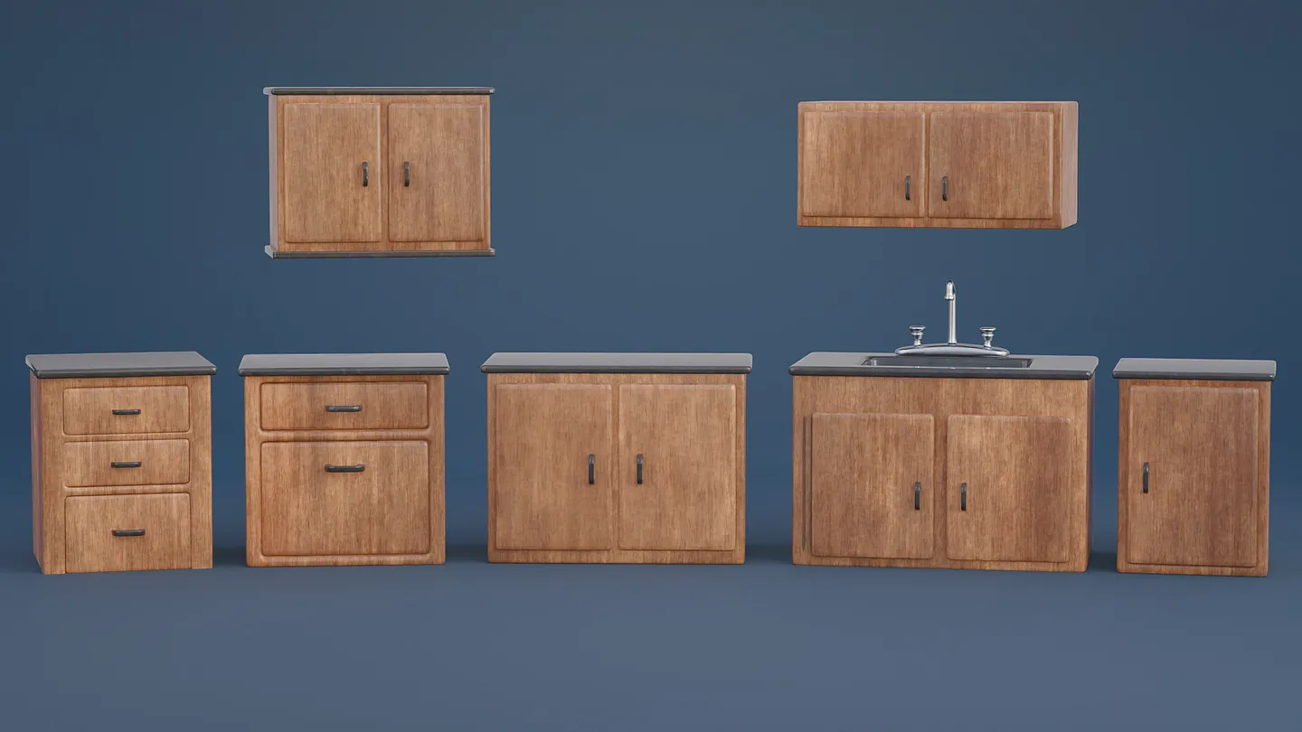 Stylized upper, lower, corner, and sink cupboards arranged together.