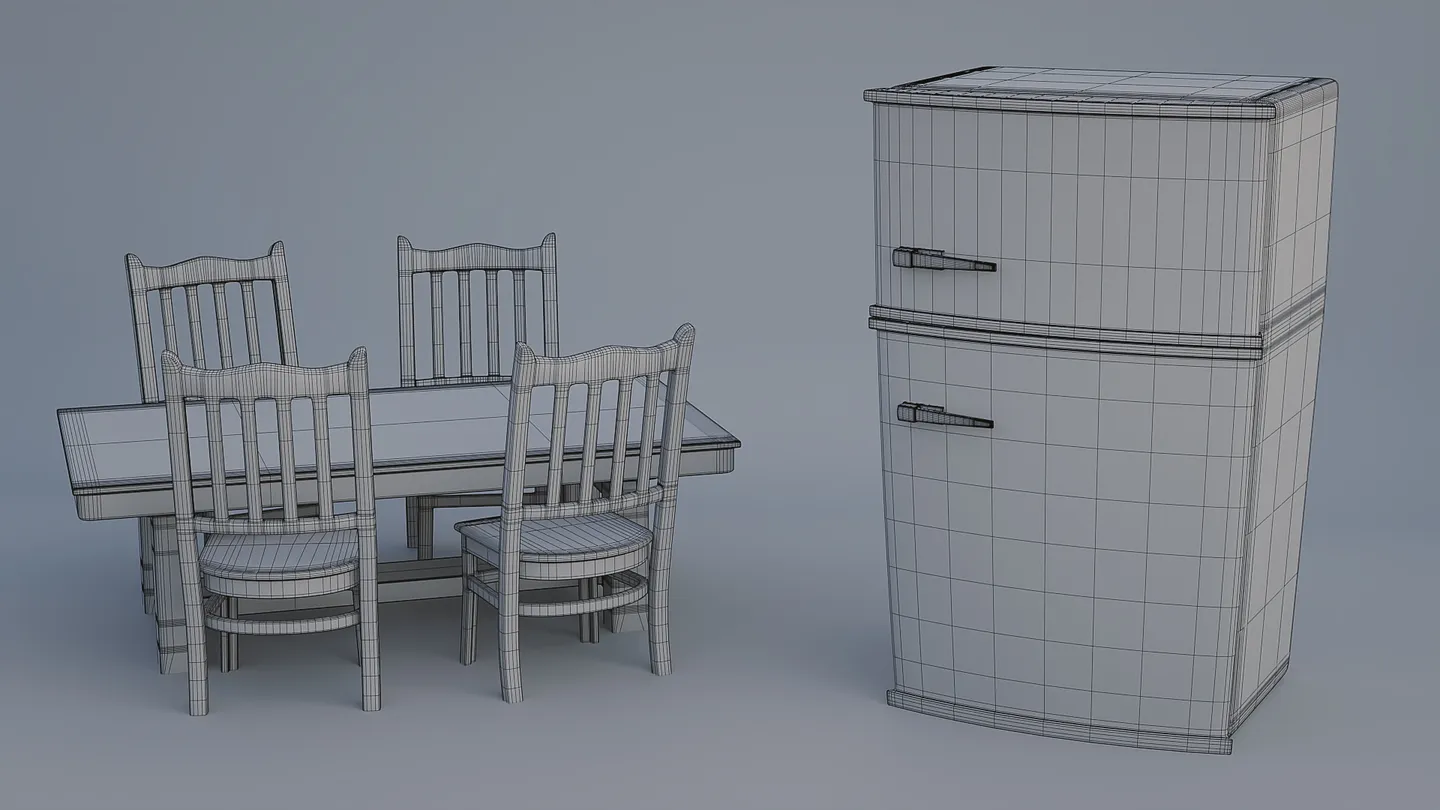 Stylized refrigerator and dining furniture shown with wireframe topology.