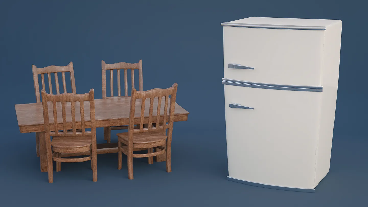 Stylized refrigerator, dining tables, and chair arranged together.