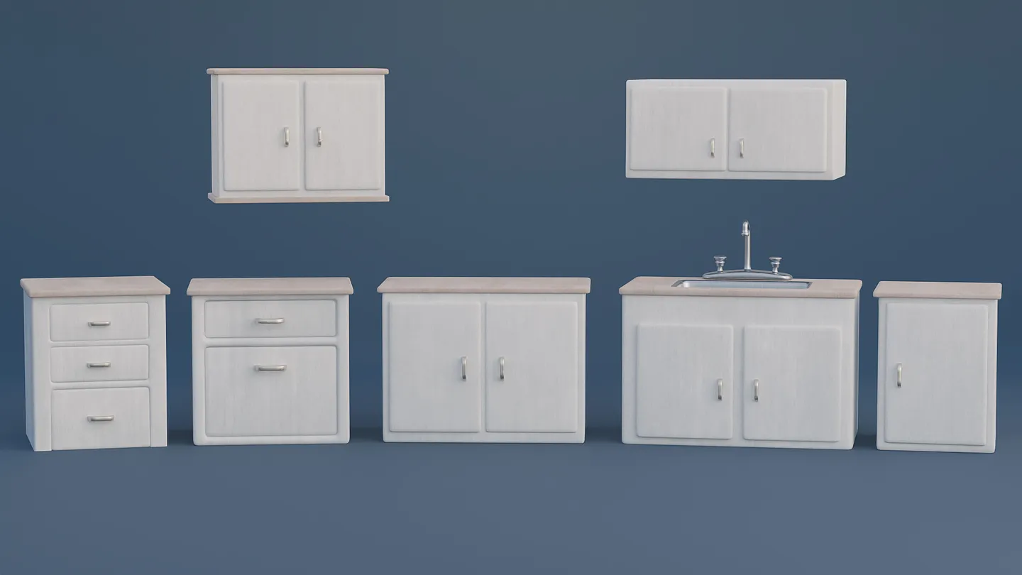 Stylized kitchen cupboards shown with a lighter wood color treatment.