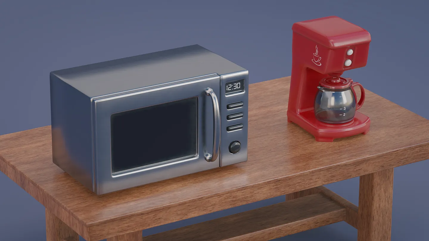 Stylized microwave, coffee maker, cups, and countertop accessories.