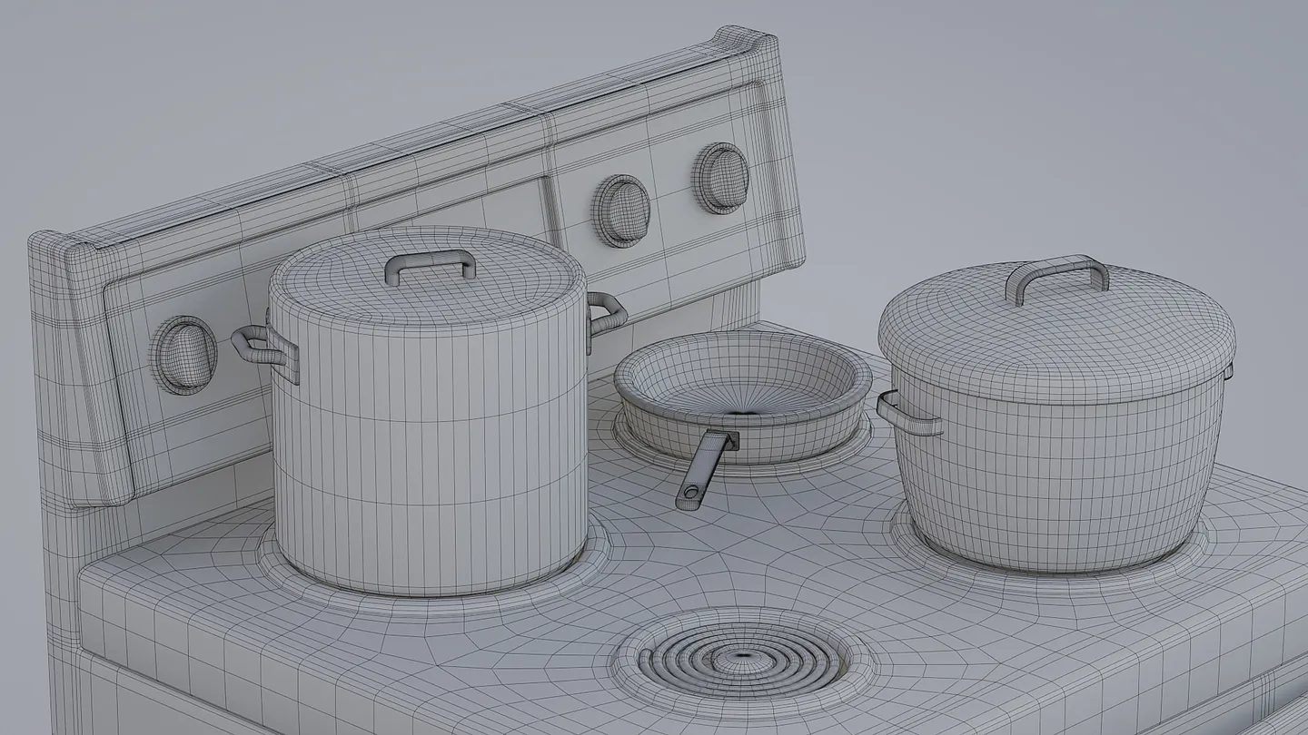 Stylized oven and cookware shown with wireframe topology.