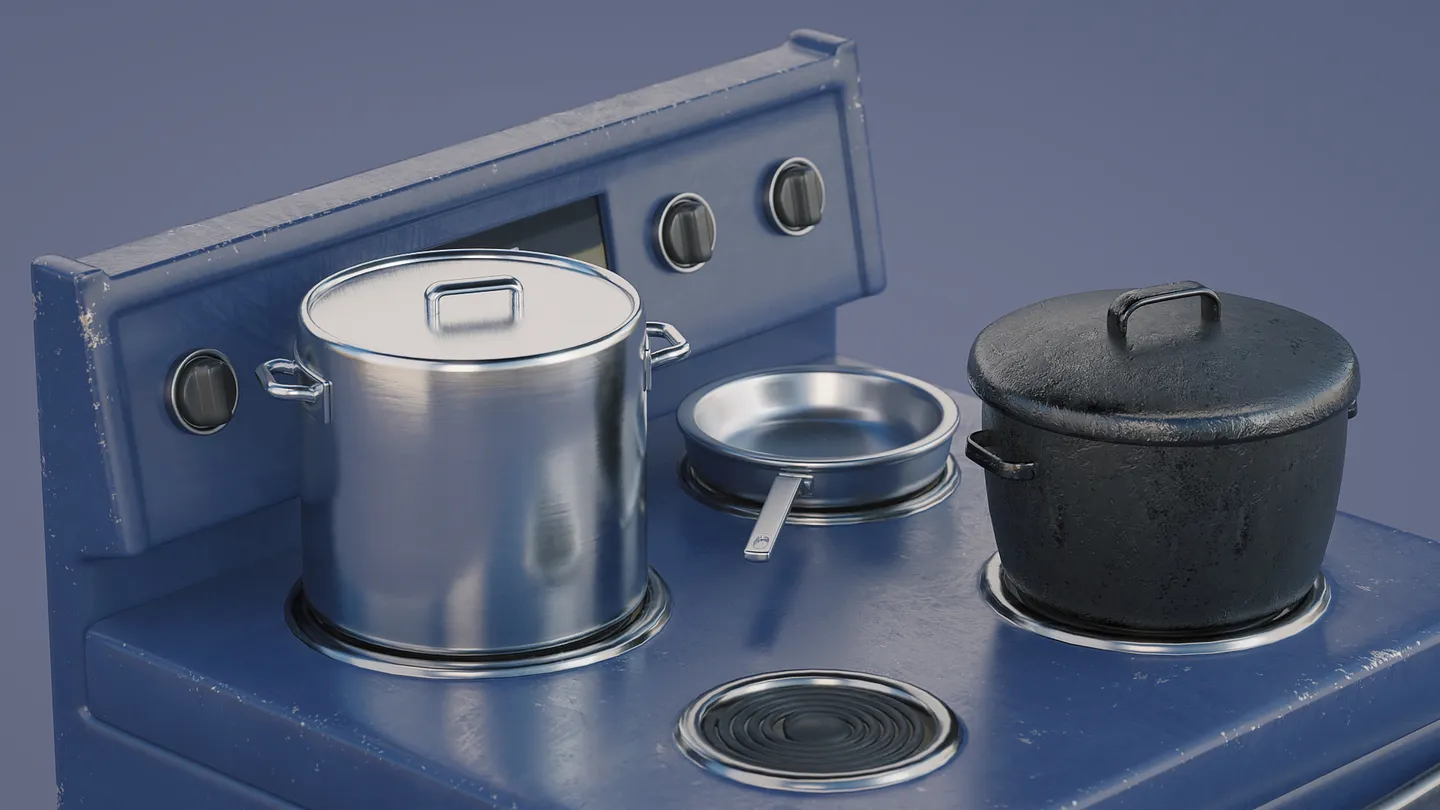 Stylized oven, range hood, pots, pans, and cooking accessories.
