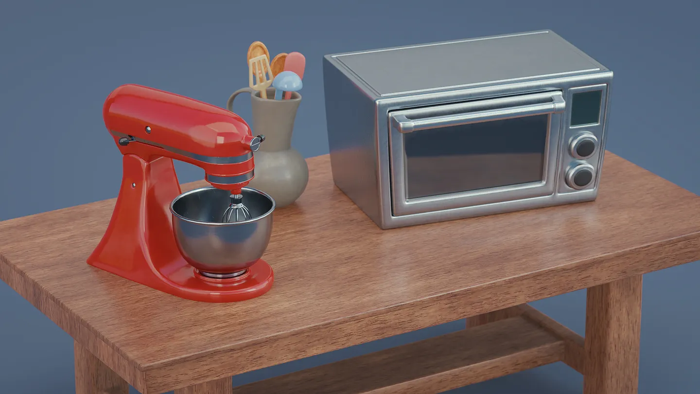 Red stylized stand mixer with metal mixing bowl.