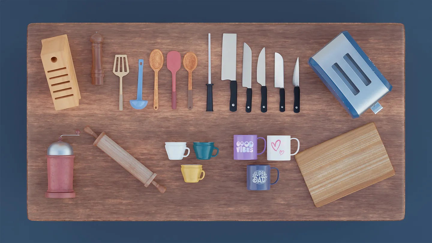 Stylized knives, utensils, cups, cutting board, rolling pin, and small kitchen props.