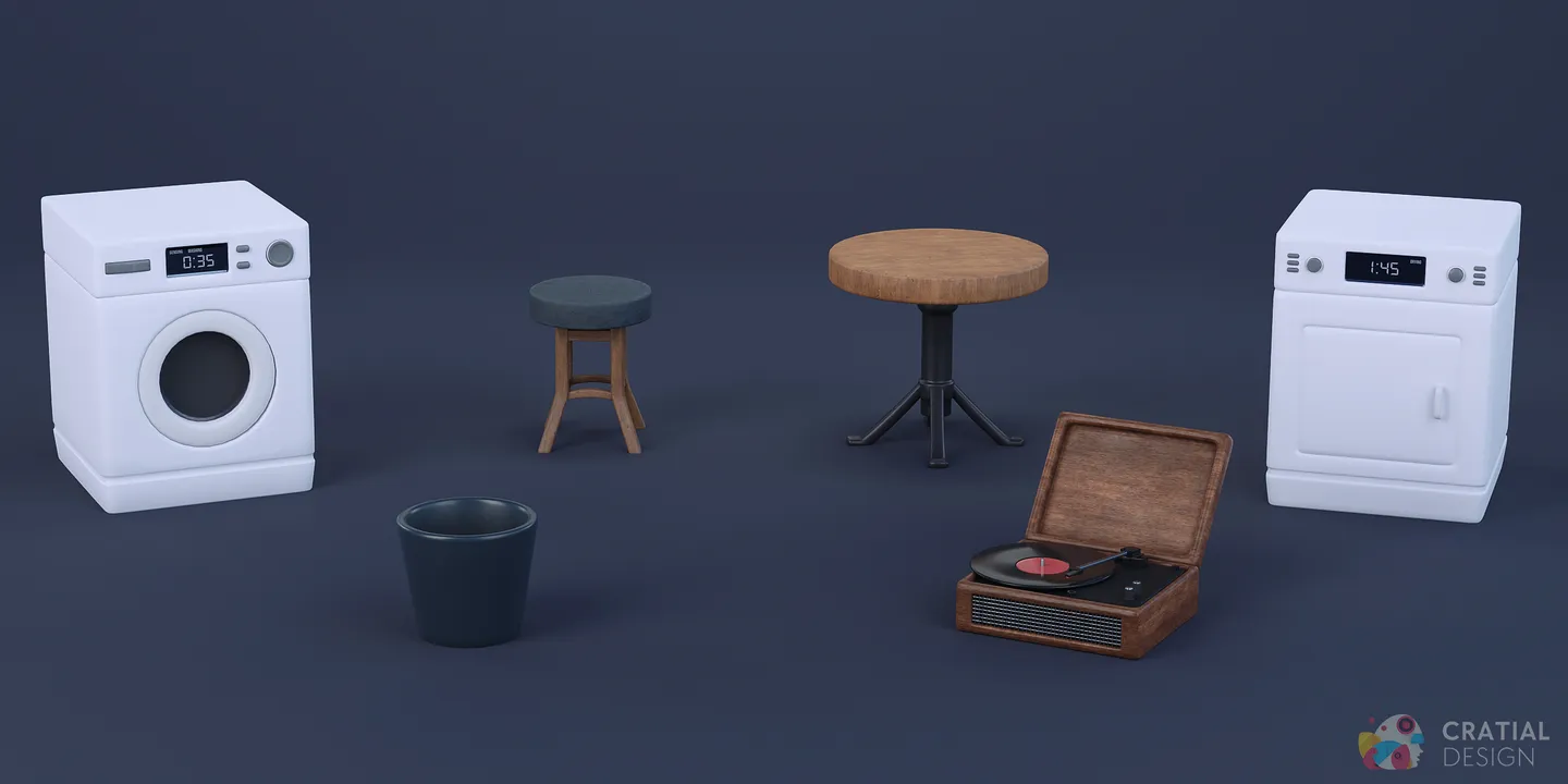 Stylized washing machine, dryer, and ironing board arranged together.