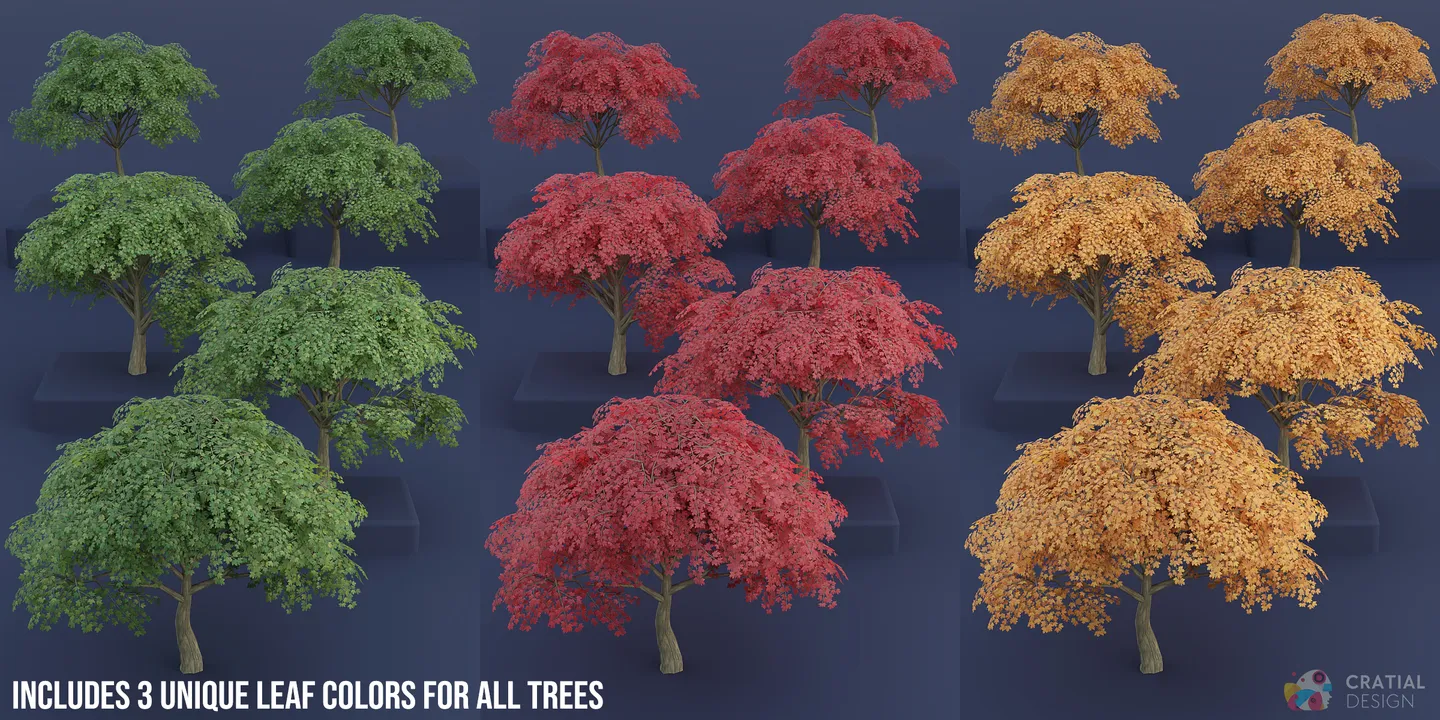 Stylized maple trees shown with green, yellow, and red leaf color options.