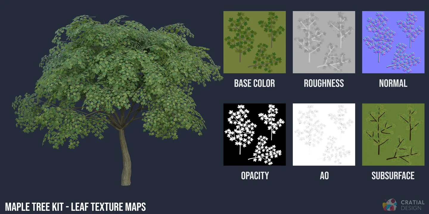 Stylized maple leaves shown beside labeled PBR texture-map examples.