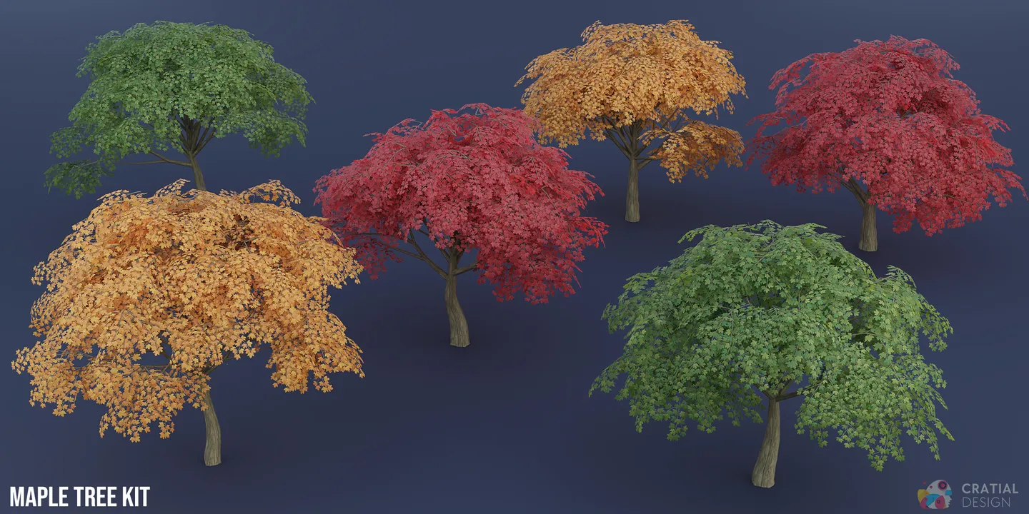 Six stylized maple tree variations with rounded canopies and green, yellow, and red leaves.