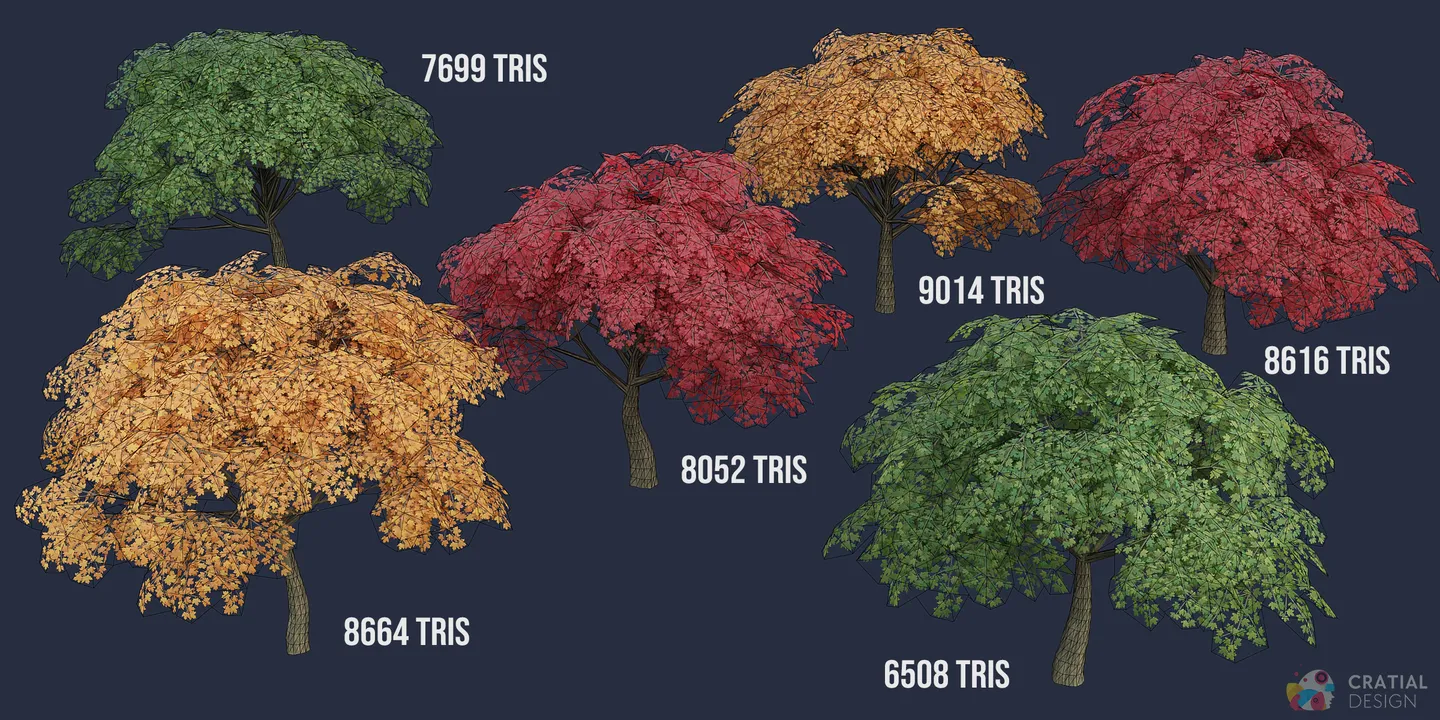 Stylized maple tree models shown with wireframe topology overlays.
