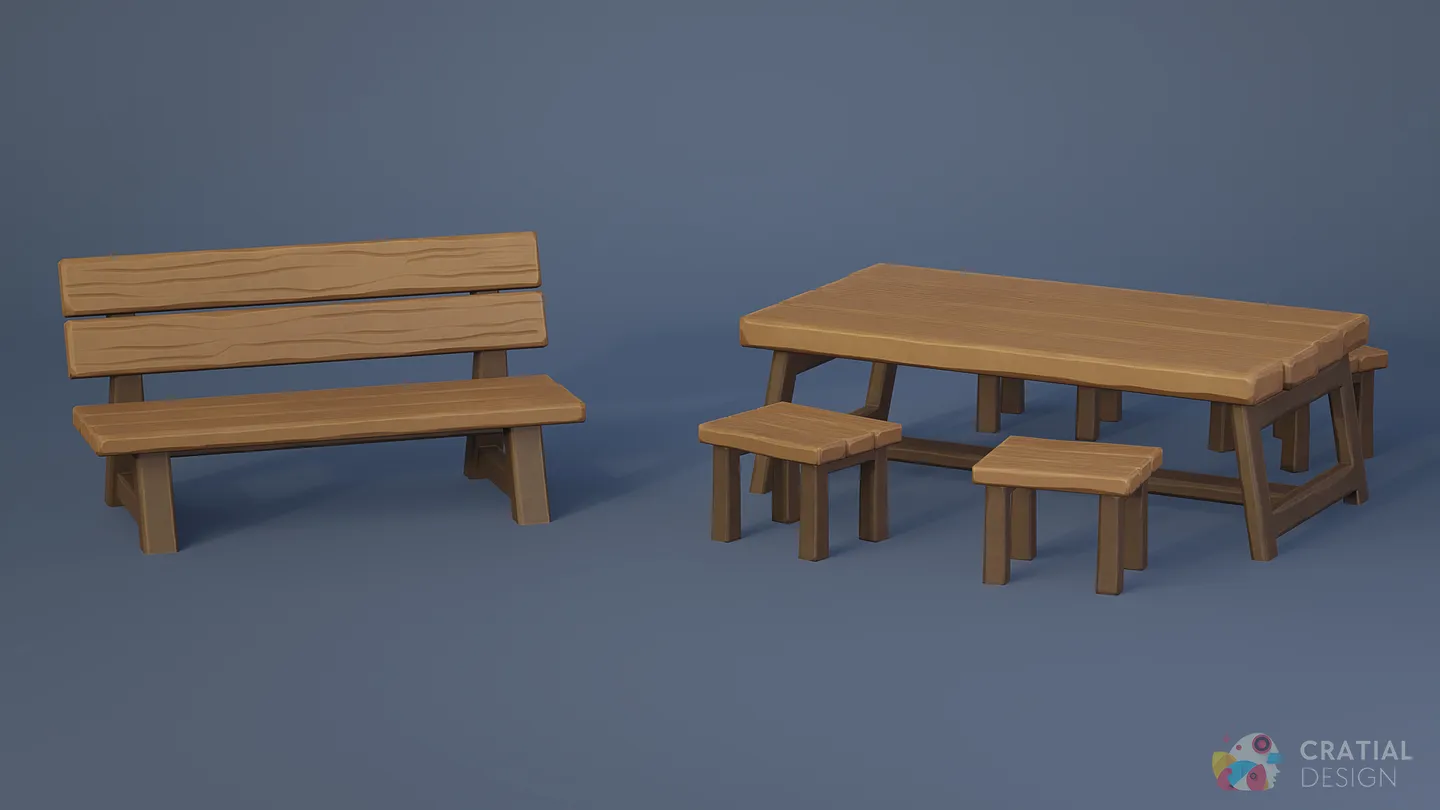 Two wooden benches beside a stylized medieval table and stools.
