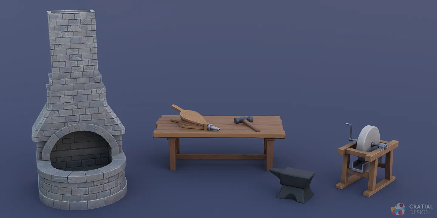 Stylized forge, bellows, anvil, whetstone, work table, and blacksmith tools.
