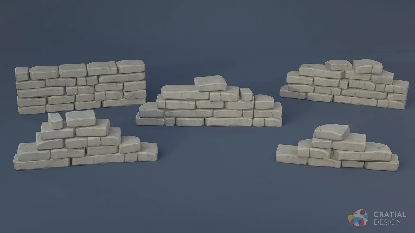 Five modular stylized brick wall sections with worn and broken edges.