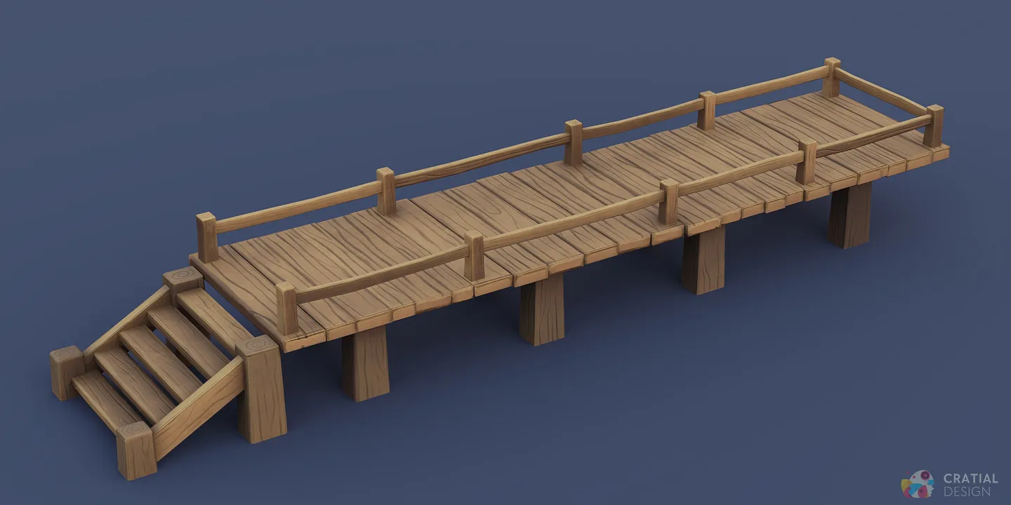 Three stylized wooden dock modules joined into a long waterside platform.