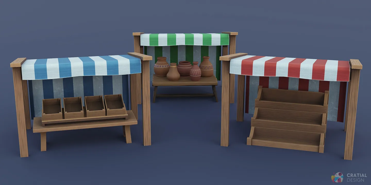 Three stylized medieval market stall presentations with colored canopies, display furniture, and pottery.