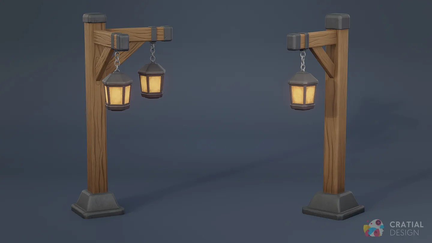 Stylized medieval single-lantern and double-lantern streetlamps.