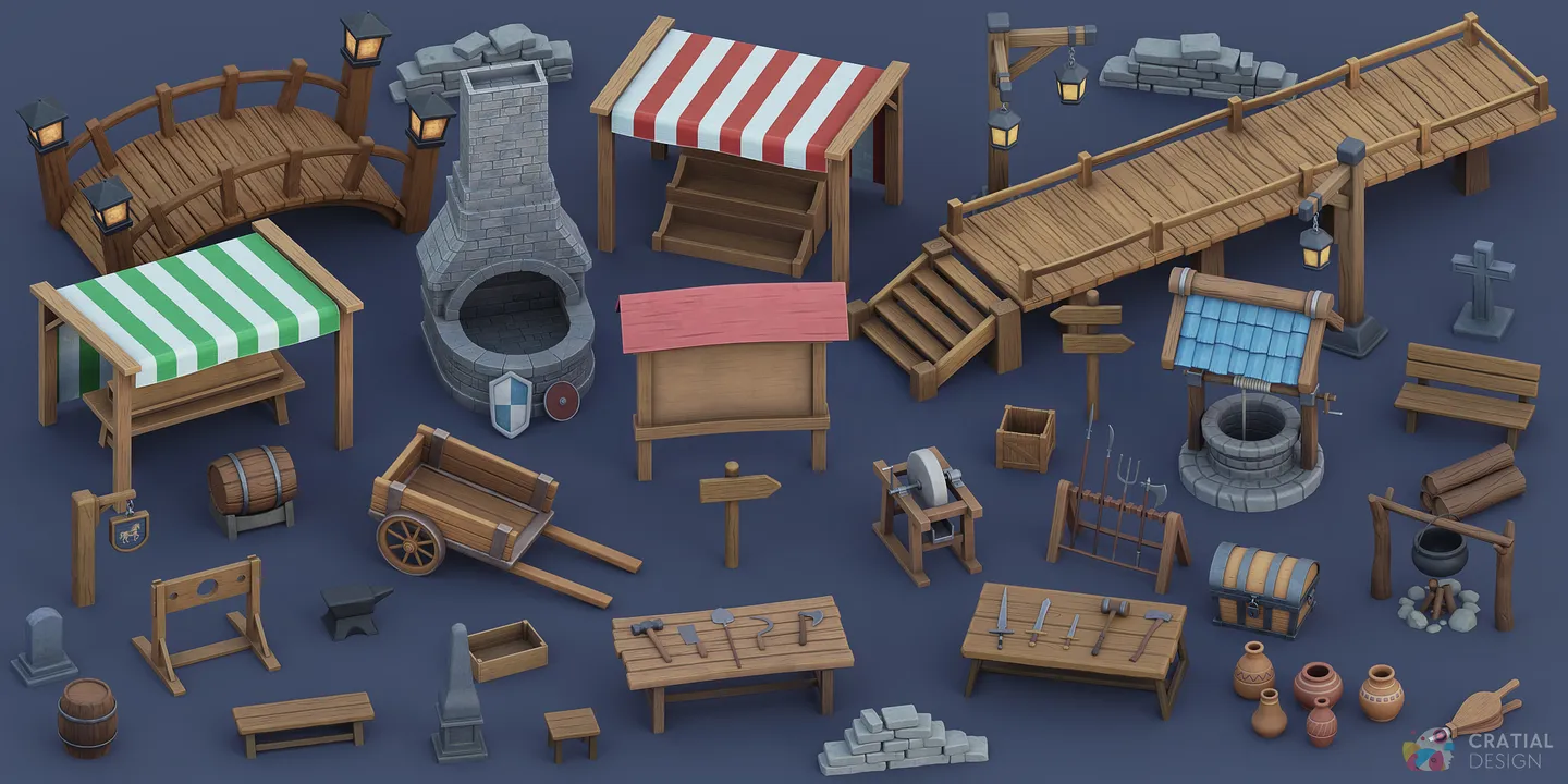 Wide overview of stylized medieval village props including fences, walls, market stalls, docks, furniture, weapons, tools, and workshop equipment.
