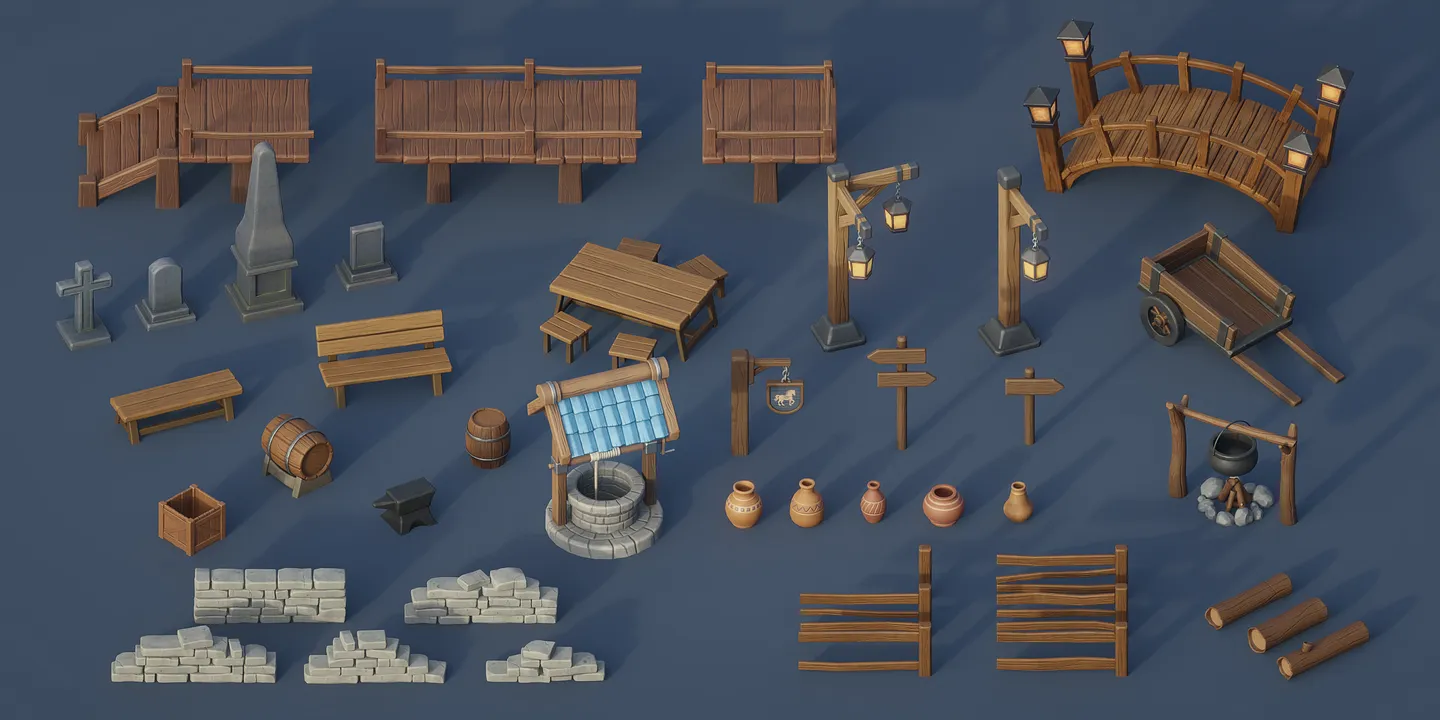 Selection of stylized medieval village props including fences, tombstones, lamps, a cart, well, campfire, walls, logs, and furniture.