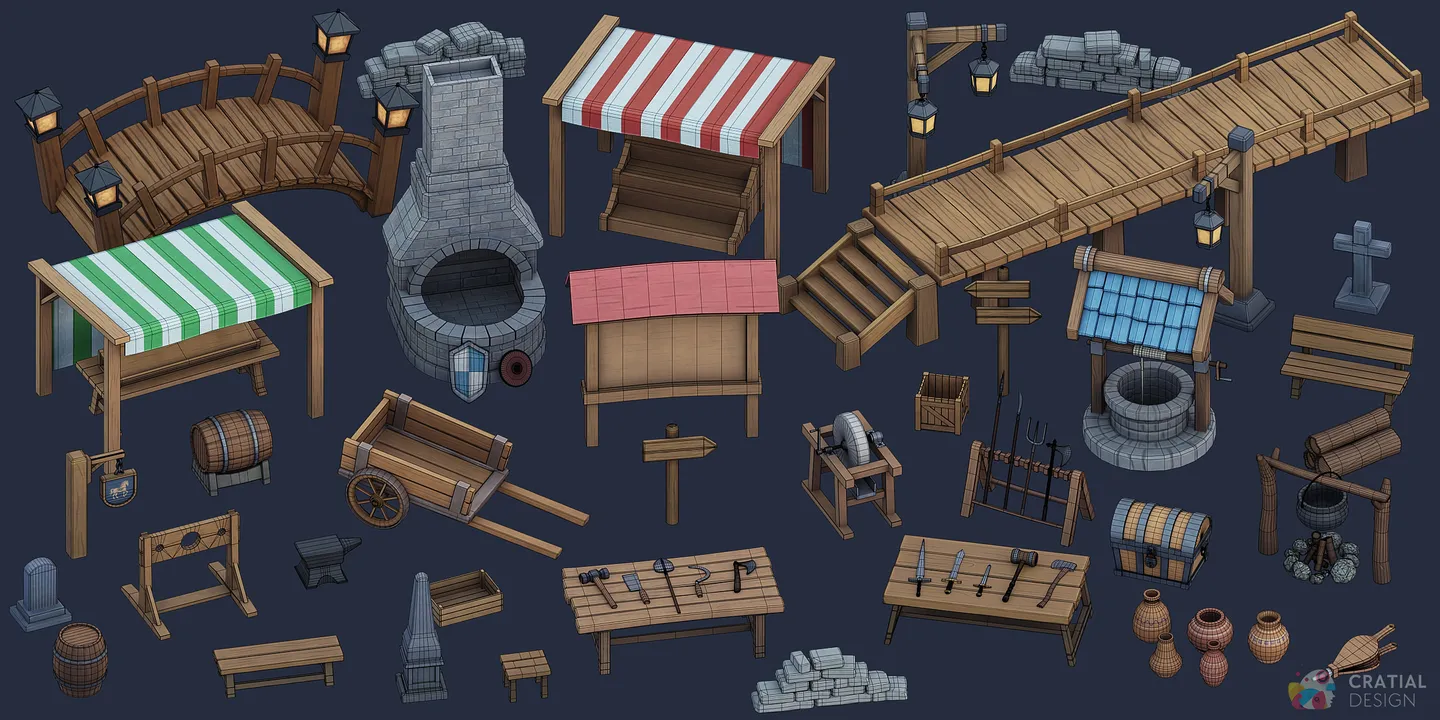 Stylized medieval village assets shown with wireframe topology overlays.