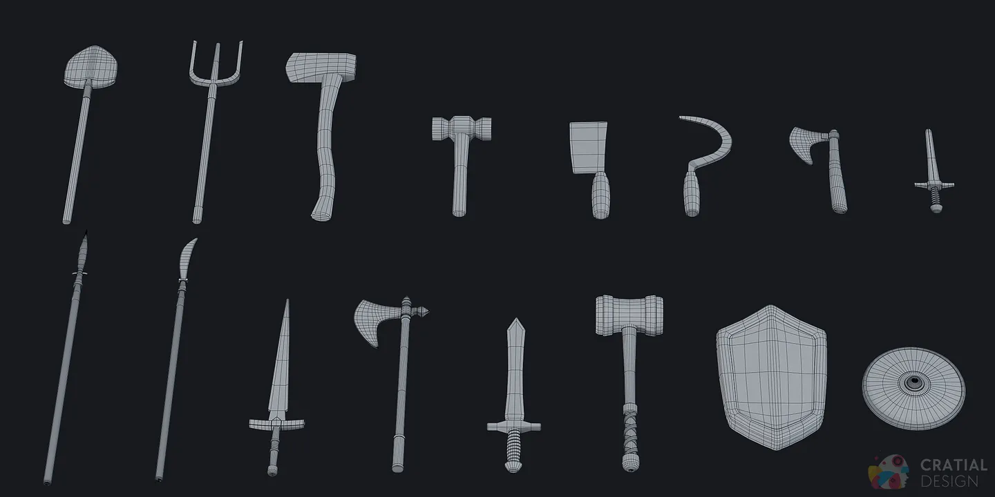 Seventeen stylized medieval weapons and tools arranged in a top-down display.