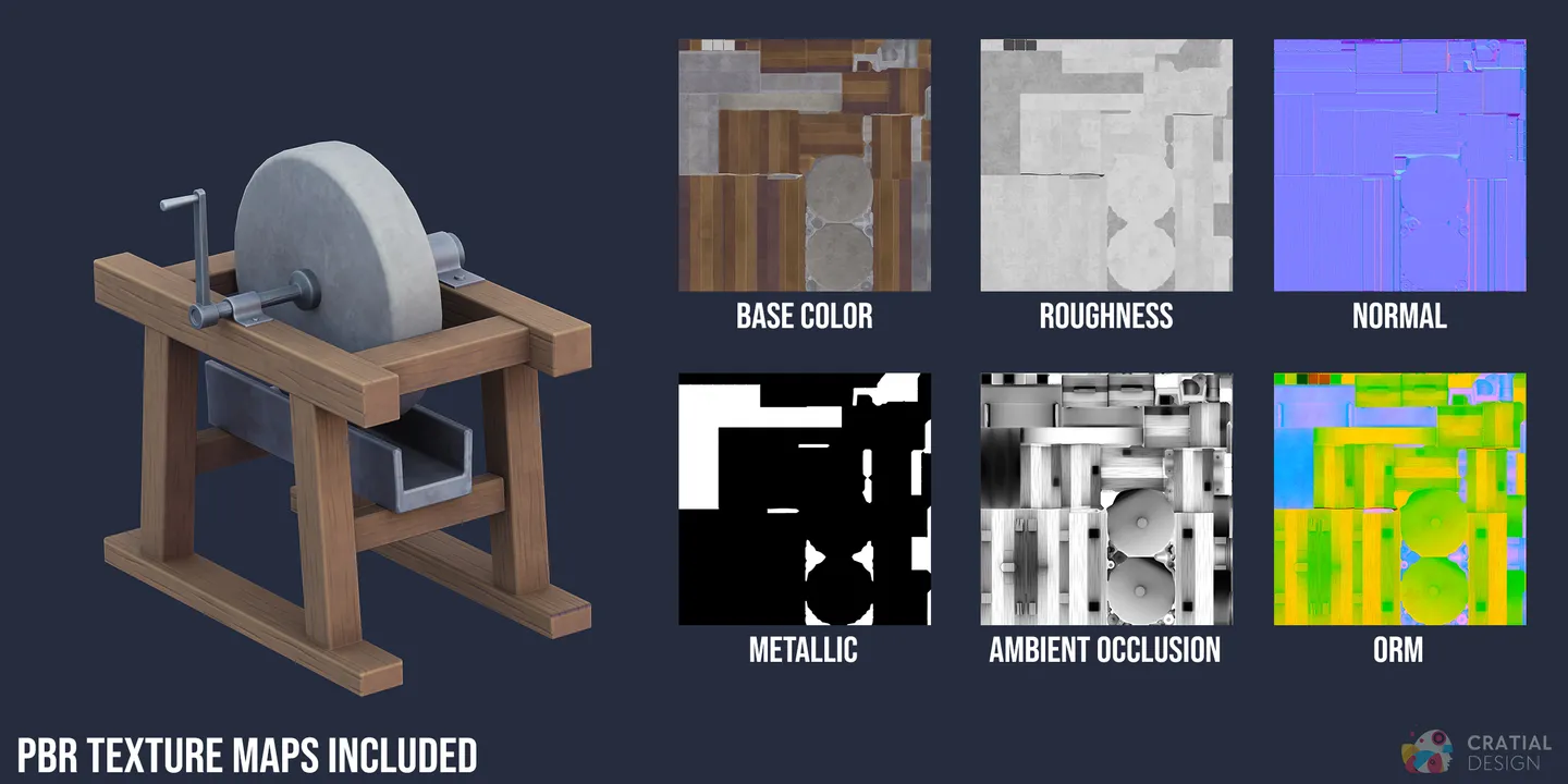 Stylized whetstone model shown beside its labeled PBR texture maps.