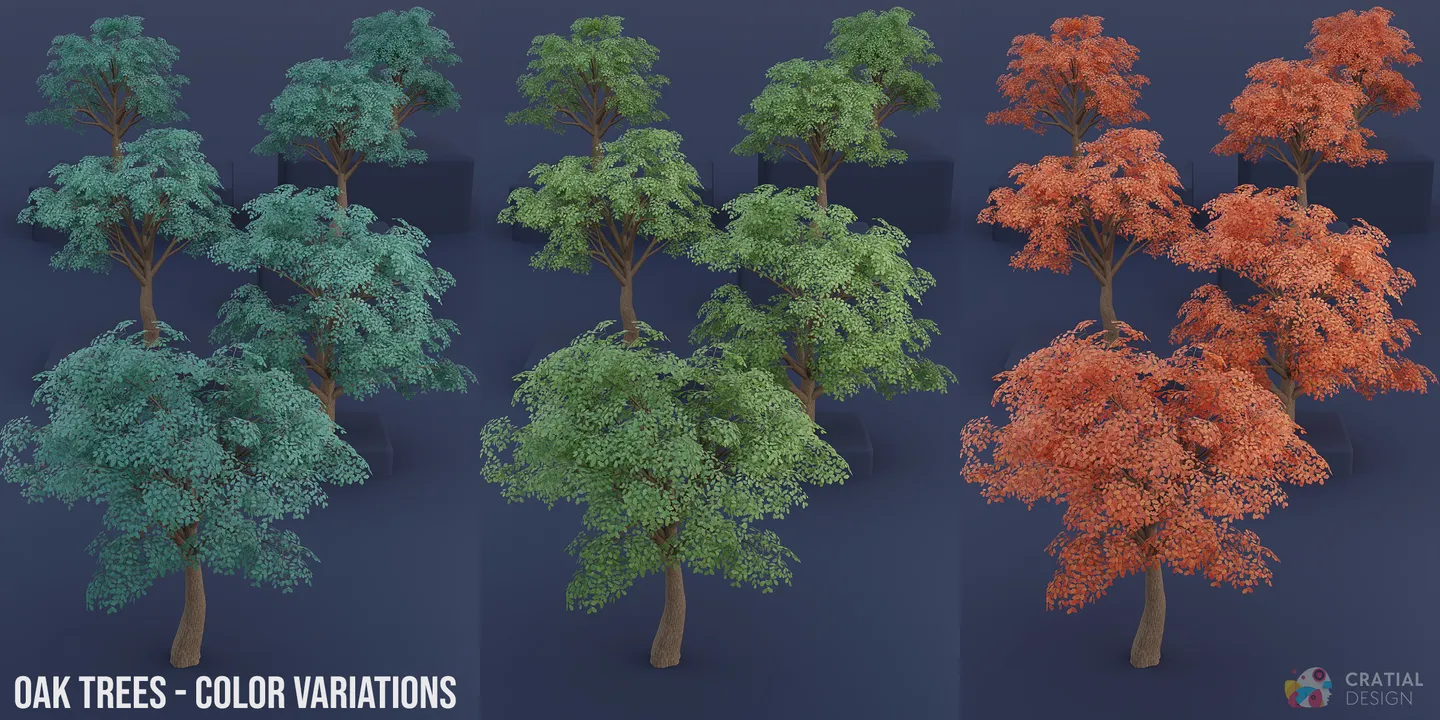 Stylized oak trees shown with green, blue-green, and orange leaf color options.