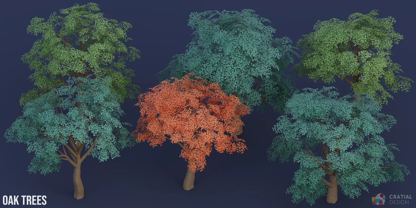 Six stylized oak tree variations with broad canopies and green, blue-green, and orange leaves.