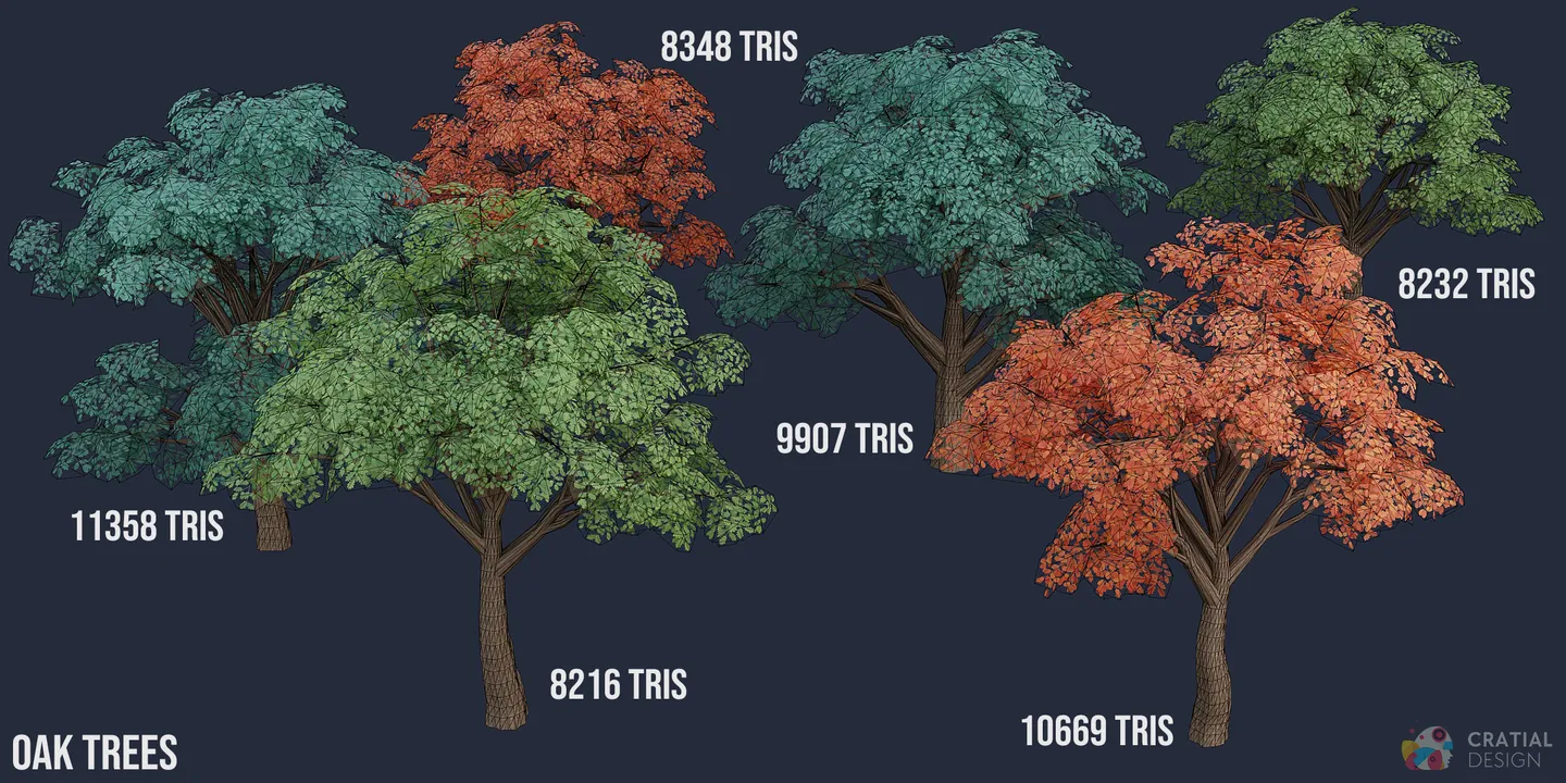 Stylized oak tree models shown with wireframe topology overlays.