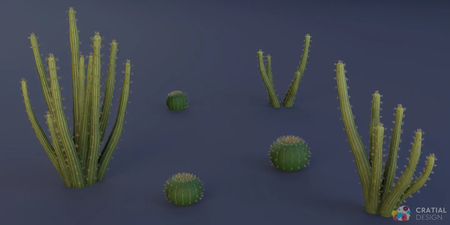 Three stylized organ pipe cactus variations with clustered upright stems.