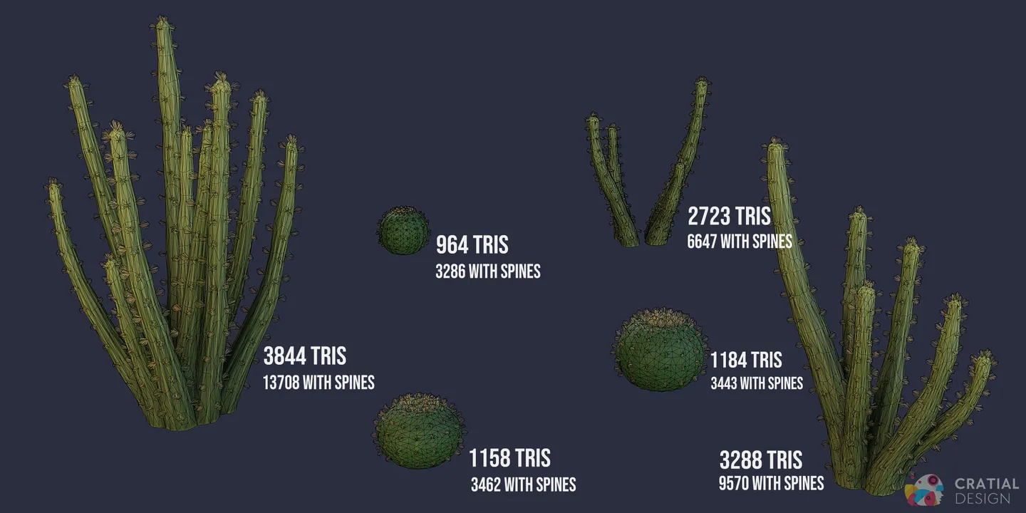 Organ pipe cactus models shown with wireframe topology overlays.