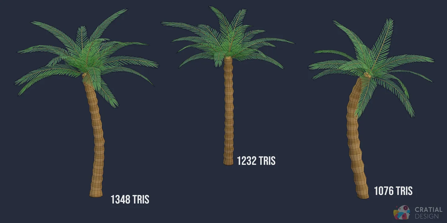 Stylized palm tree models shown with wireframe topology overlays.