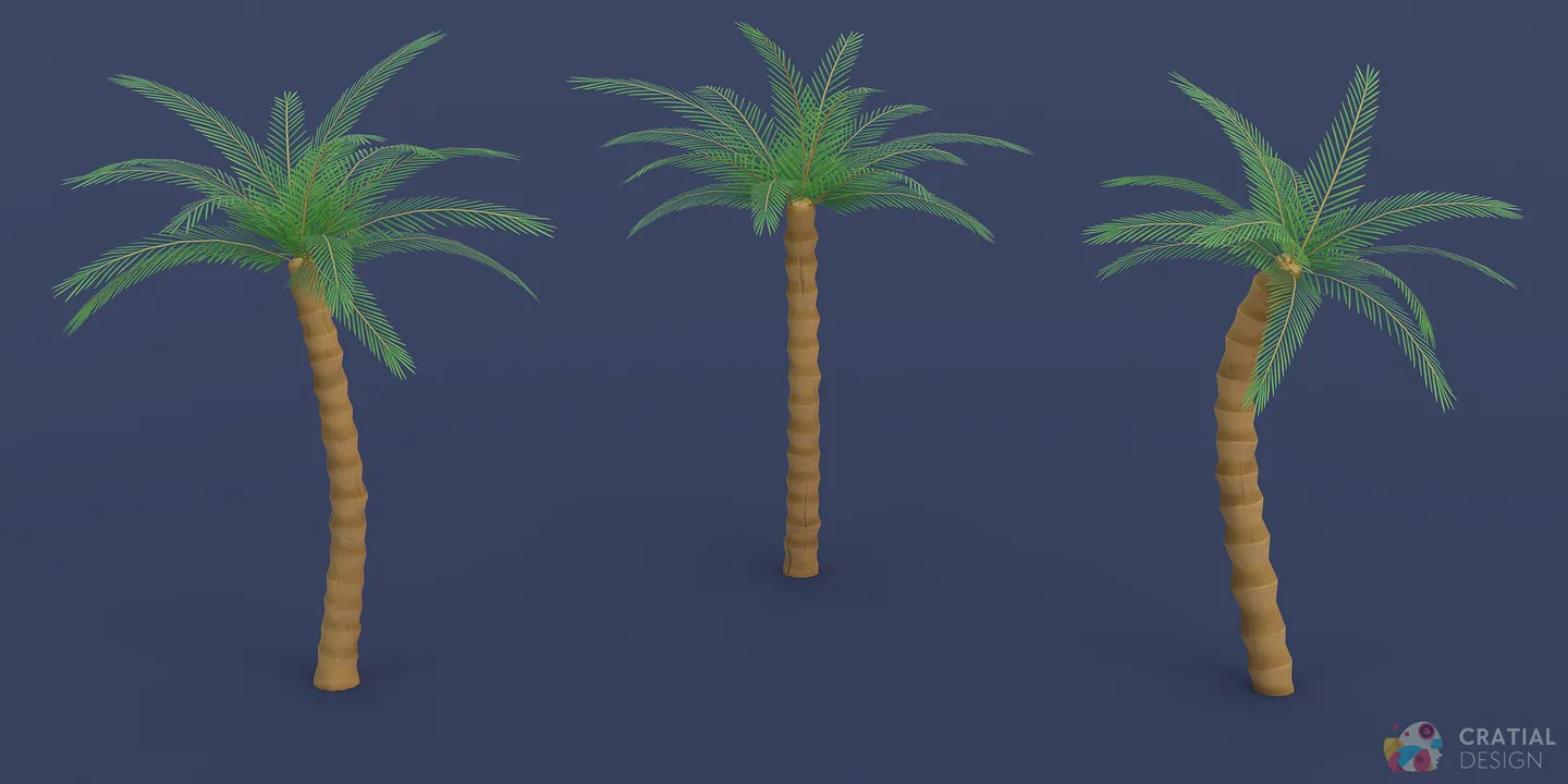 Three stylized palm tree models with different trunk heights and frond shapes.